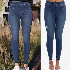SPANX Distressed Ankle Skinny Dark Wash Shaping Raw Hem Jeans Women’s Large